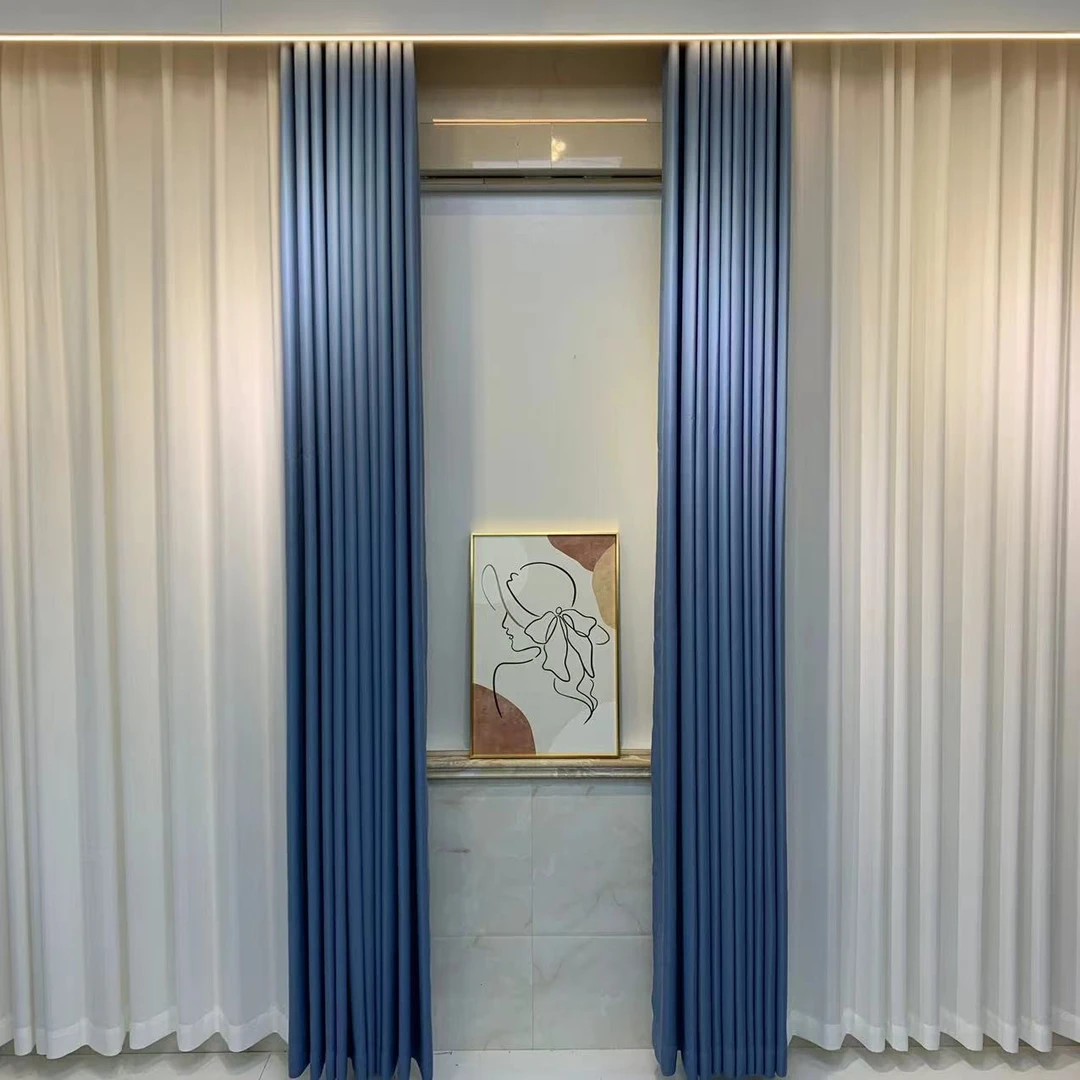 加高3.1米雾霾蓝棉麻雪妮尔麻客厅卧室全遮光打孔韩折成品窗帘