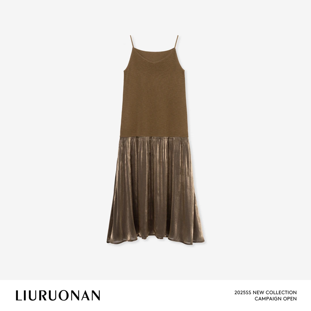 LIURUONAN 25SS【金斑蝶】鎏金撞色拼接V领无袖针织吊带连衣裙女