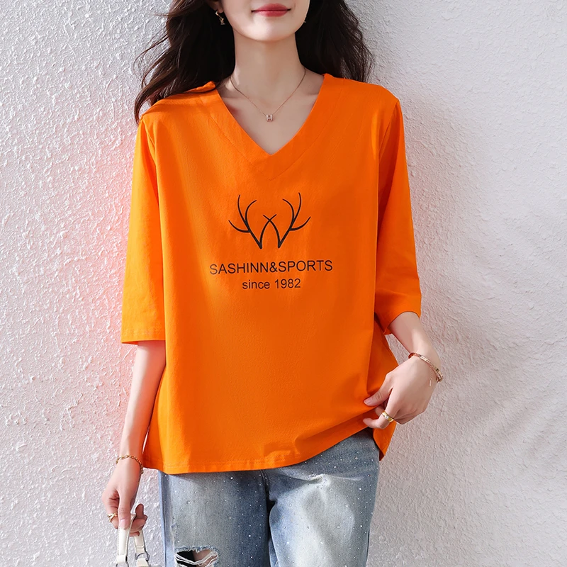 【女神新衣】七分袖t恤v领上衣女2025新款夏季宽松洋气中袖T恤衫