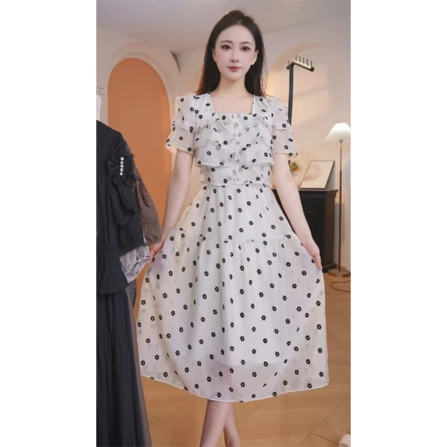 L8854   2025年夏季新款时尚气质设计感收腰显瘦中长款连衣裙