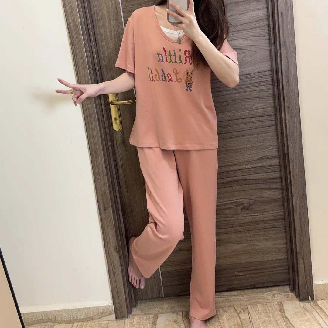 C[拍一发三]夏季新款女士纯棉带胸垫睡衣 假两件靓丽休闲套装