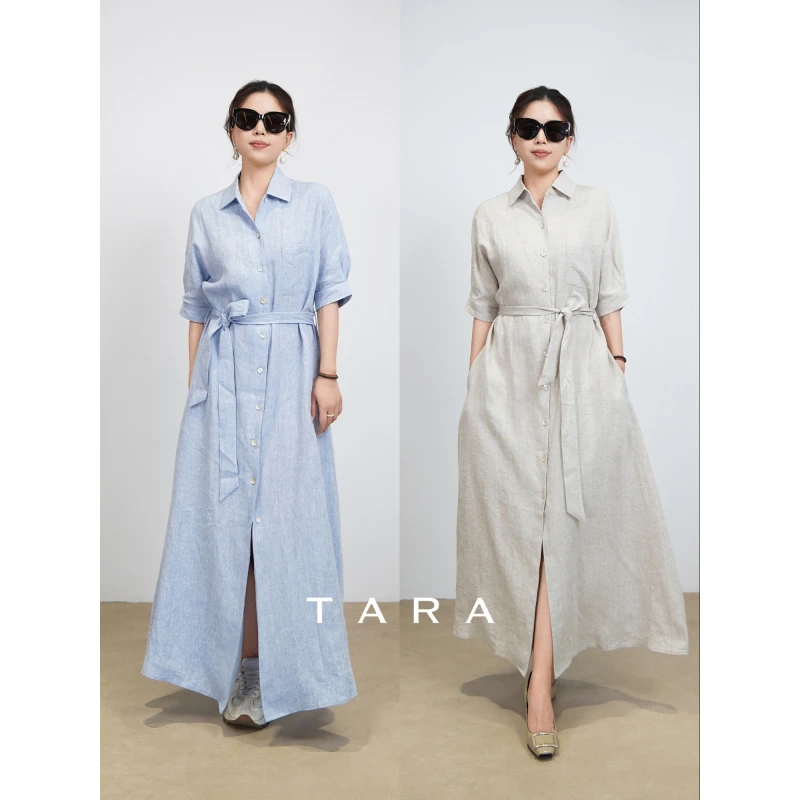 TARA|意大利LP同源雨露麻/色织100%亚麻通勤度假短袖翻领长连衣裙