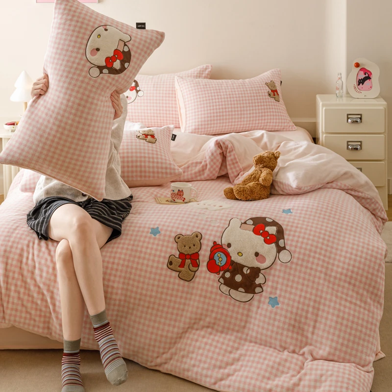 晚安猫卡通可爱奶芙绒贴布绣四件套亲肤舒适宿舍三件套床单床品