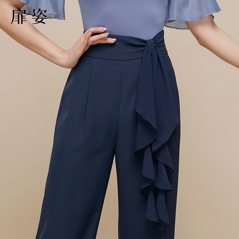 扉姿 摩登舞裤女士夏季舞蹈飘带西裤吉特巴直筒长裤跳舞裤子F2130