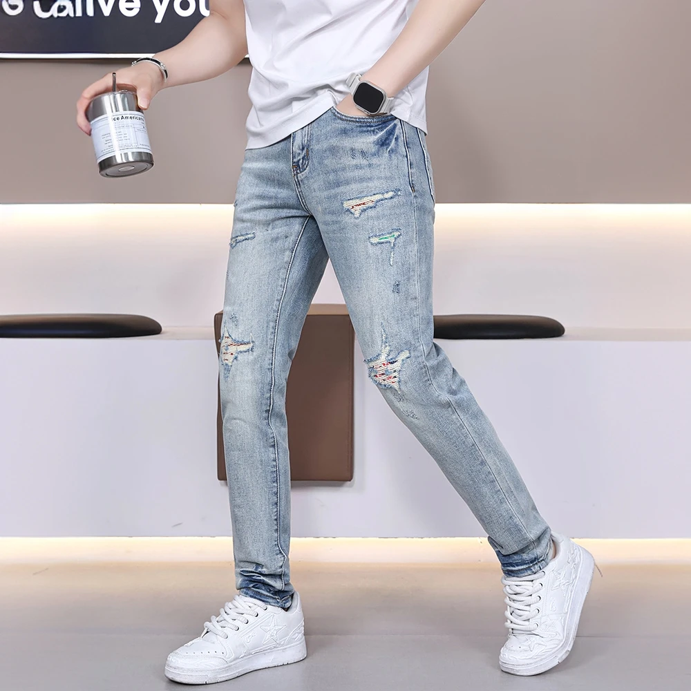 卢密洛布登新款膝盖破洞浅色时尚百搭修身男款潮流休闲高端牛仔裤