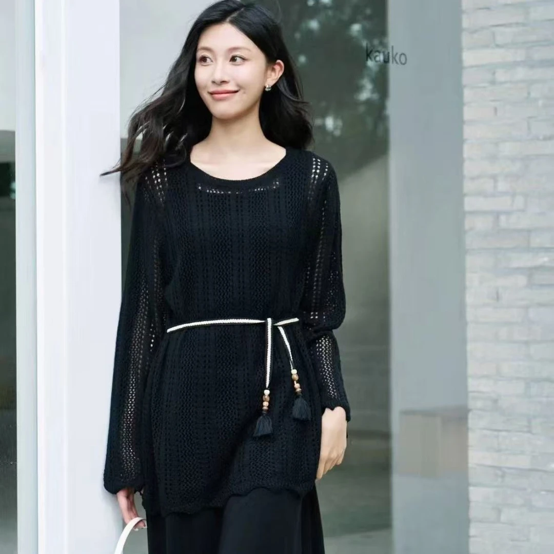 （无腰带）胸100-150长62长袖通勤纯色宽松型毛针织衫上衣镂空 2524