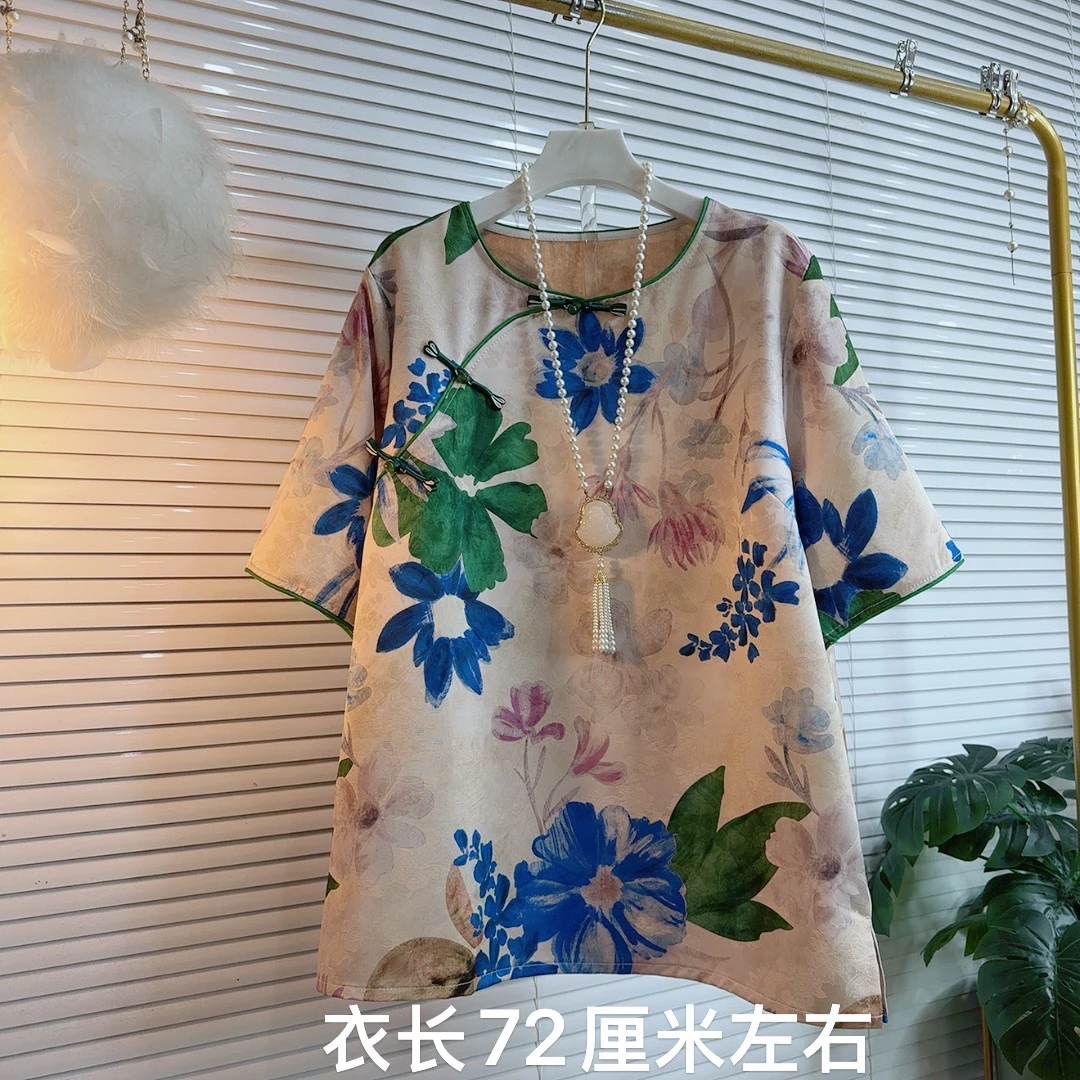 胖MM夏季国风元素不规则盘扣织绣打底衫