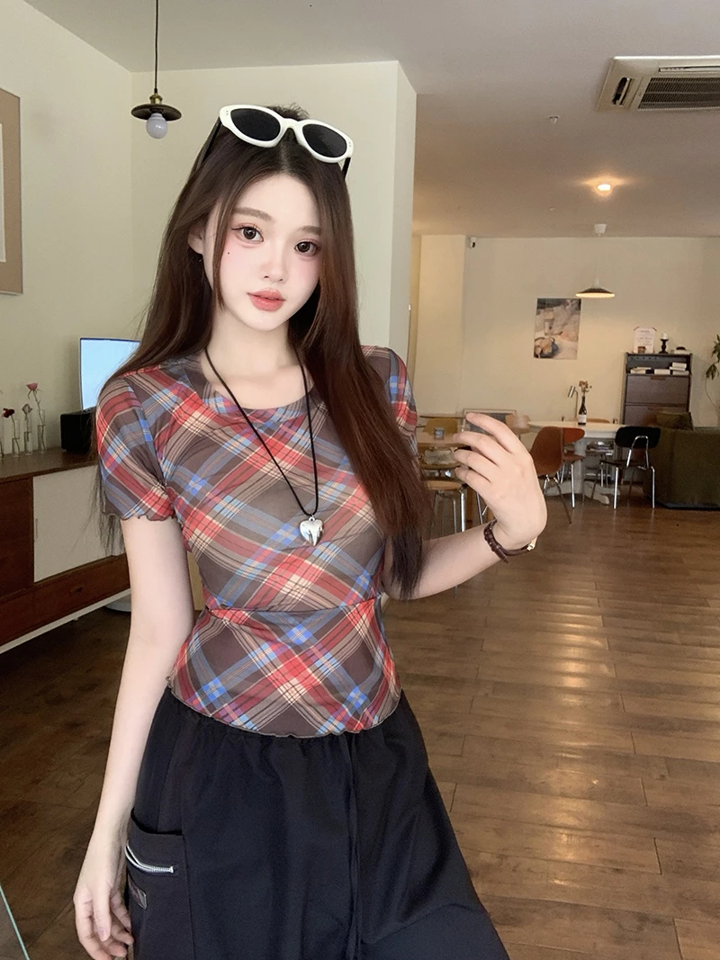 2025夏装新款胖mm大码女设计感英伦格子修身显瘦短袖T恤 A1455