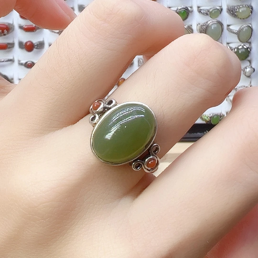 和田玉（青玉）戒指银S925镶嵌