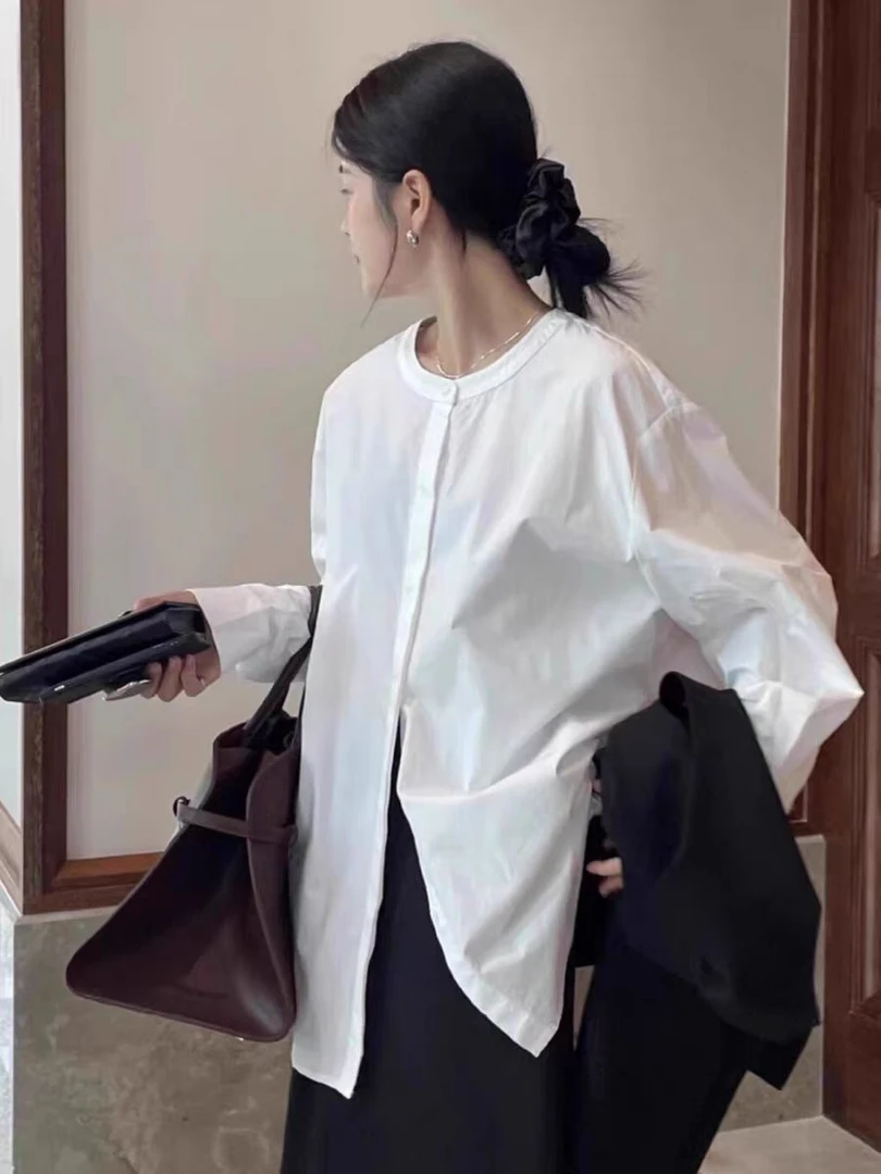 圆领袖子褶皱白衬衫2241