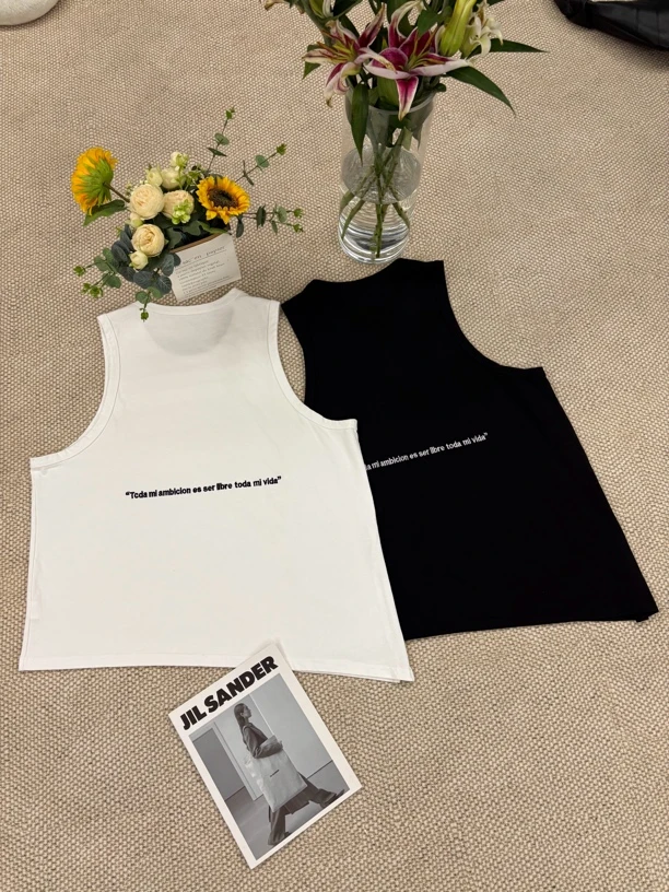 【NJ】欧货纯棉简约不规则下摆背心百搭舒适无袖字母刺绣春夏季背心