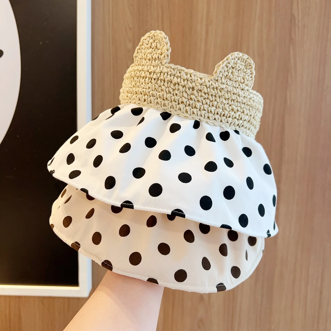 儿童空顶帽夏季时尚百搭拼接波点洋气大帽檐遮阳帽女童防晒太阳帽