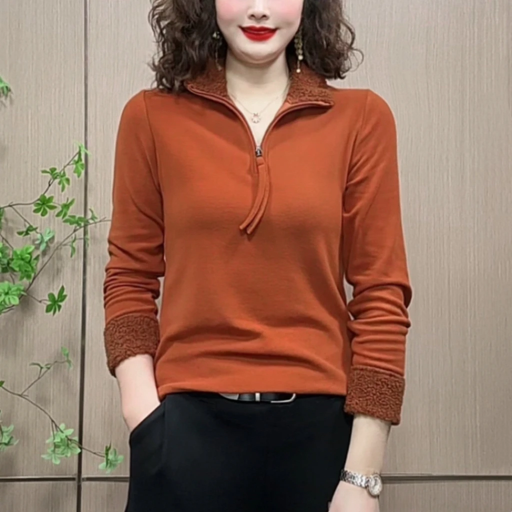 冬款加绒时尚长袖拉链设计感休闲百搭保暖显瘦洋气打底上衣女