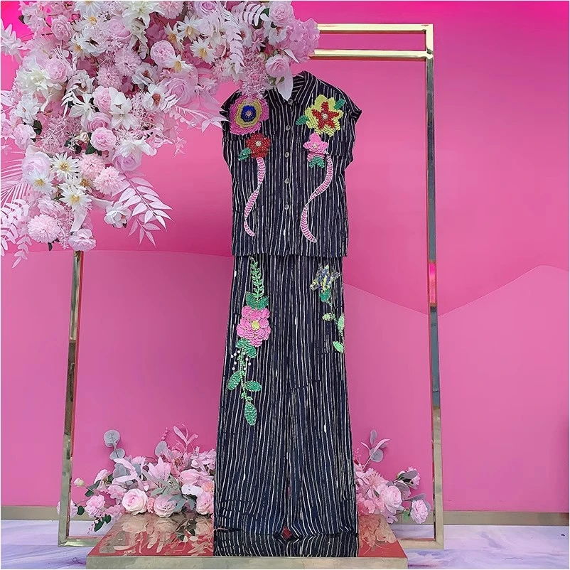 A2754欧美设计师2025夏季新款重工钉珠刺绣亮片花朵时尚条纹套装