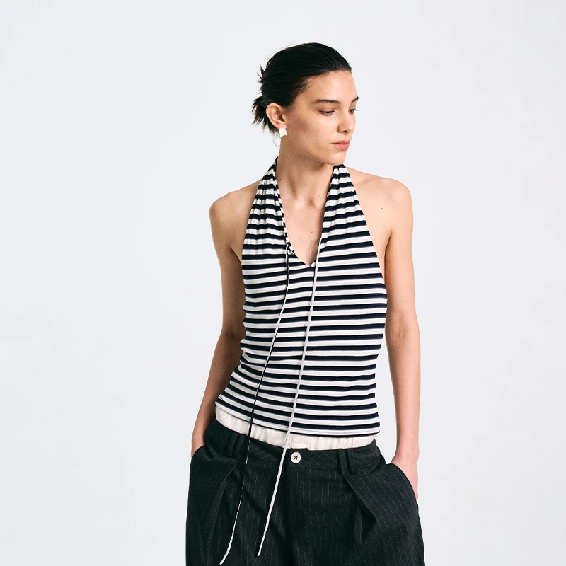 Howwell撞色条纹天丝羊毛修身挂脖收腰背心小众品牌夏季辣妹上衣