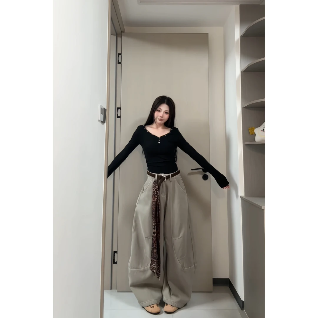 （送飘带）美式时尚个性百搭弯刀阔腿裤