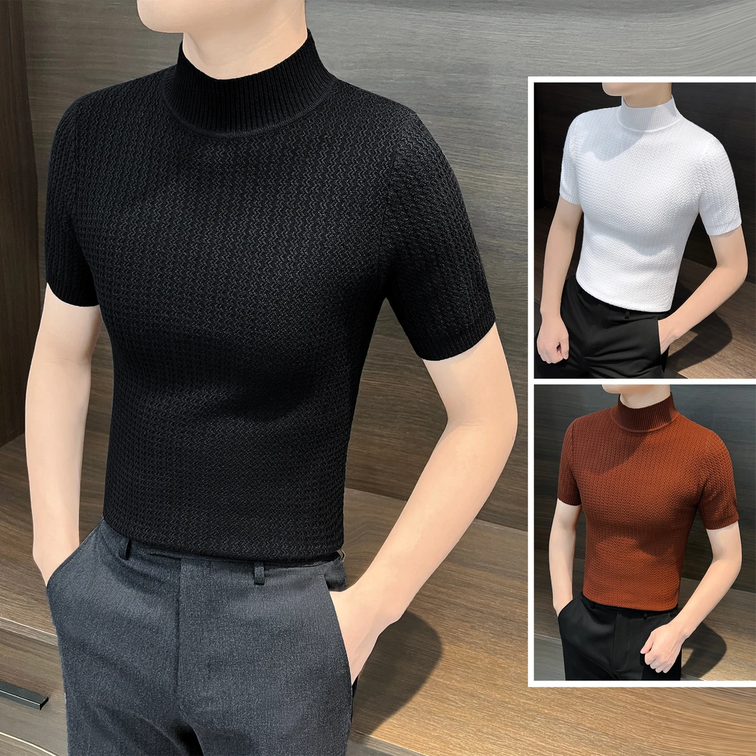 半高领打底针织衫男款爆款2025新款冬季男装内搭条纹男士短袖毛衣