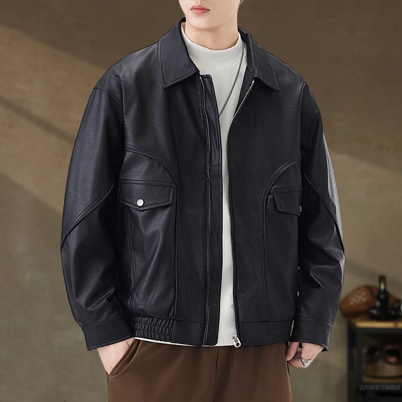 美式高端复古工装PU皮衣夹克男秋冬新款荔枝纹理感机车痞帅外套潮