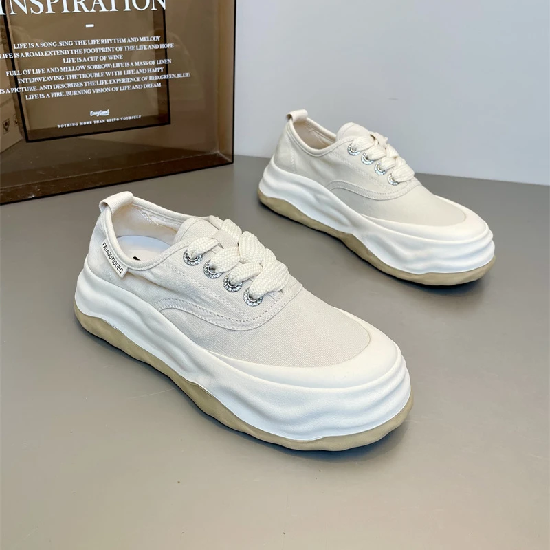 欧洲站2025秋季商场同款百搭系带休闲厚底松糕鞋溶解帆布小白鞋女