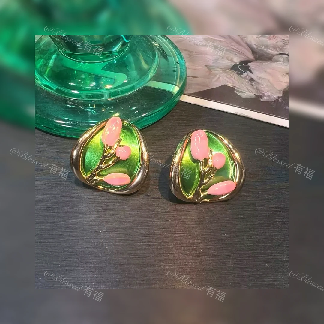 铜合金耳饰 「春枝绽蕊」耳钉气质小众高奢耳饰镶嵌彩色百搭法式女5