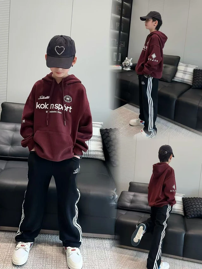 男童春季酒红色刺绣连帽卫衣中大童潮童装休闲宽松