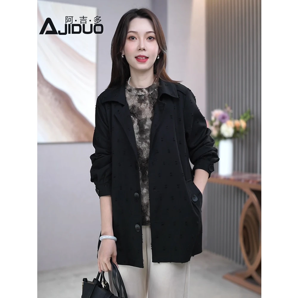 阿吉多A22521女士百搭黑色翻领短外套女秋季新款大码宽松显瘦上衣