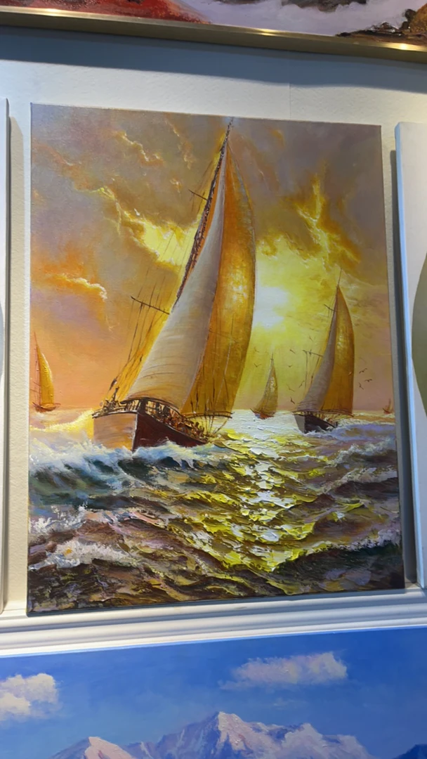 风装饰画入户玄关沙发背景挂画金色帆船60×80