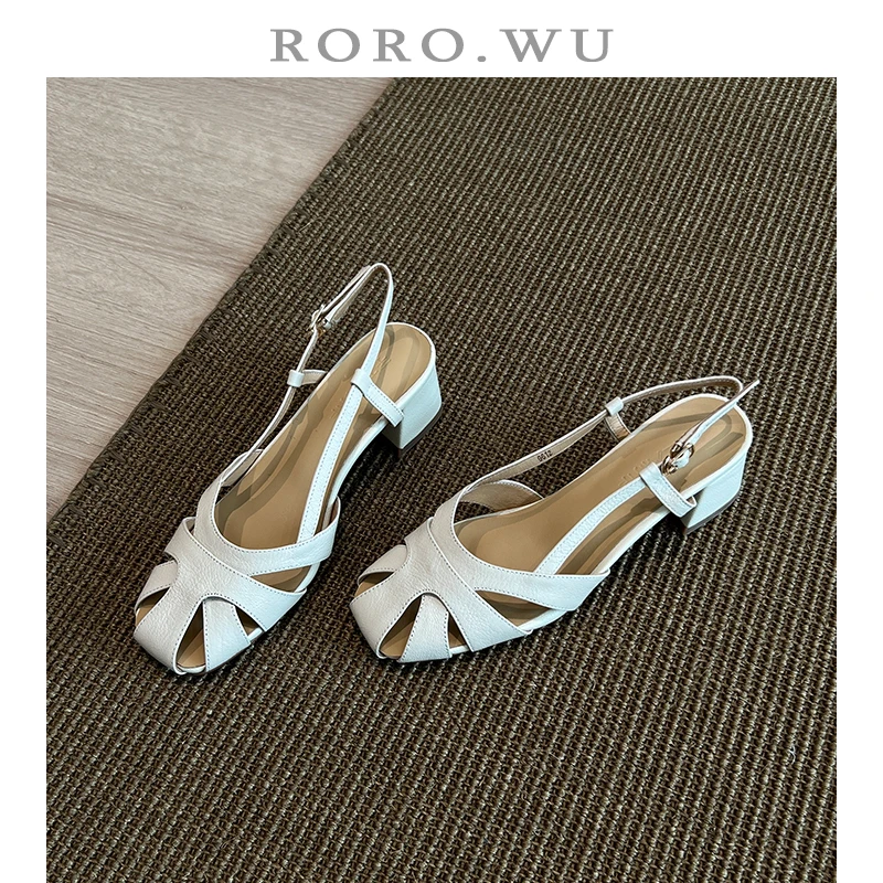 娆娆吴·羊皮简约夏季包头镂空扣带减龄日常通勤舒适百搭凉鞋T524