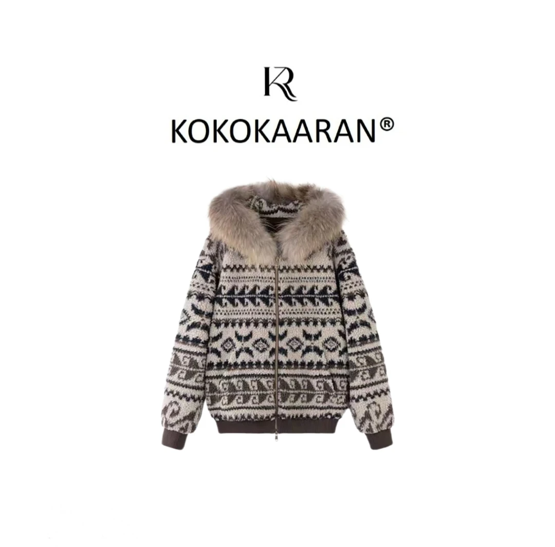 kokokaaran/可可咔伦费尔岛外套"毛领复古拉链温暖感外套SH250693