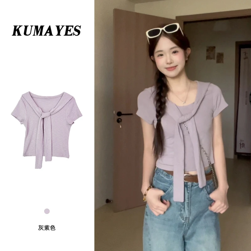 紫色绑带披肩假两件上衣女夏季设计感小众修身短款短袖t恤