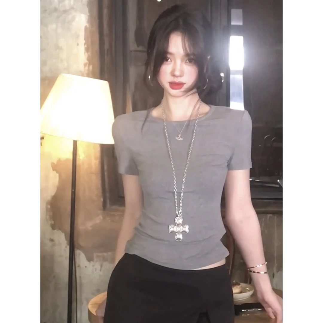 韩系纯欲辣妹蕾丝短袖t恤女夏季拼接镂空性感露背打底半袖上衣