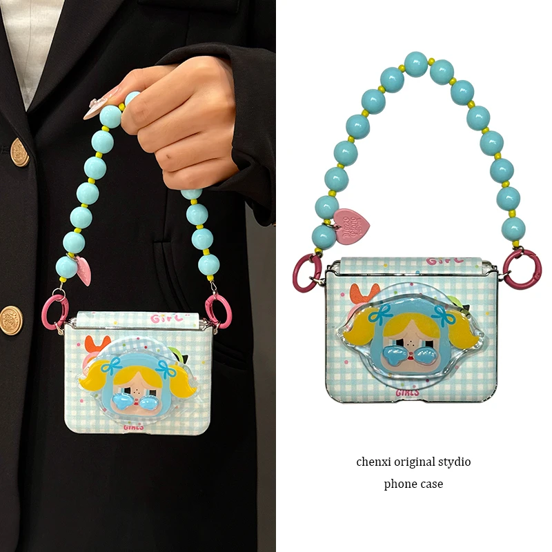 适用华为purax折叠屏手机壳波点蓝格纹Pocket2哭娃磁吸支架斜挎绳