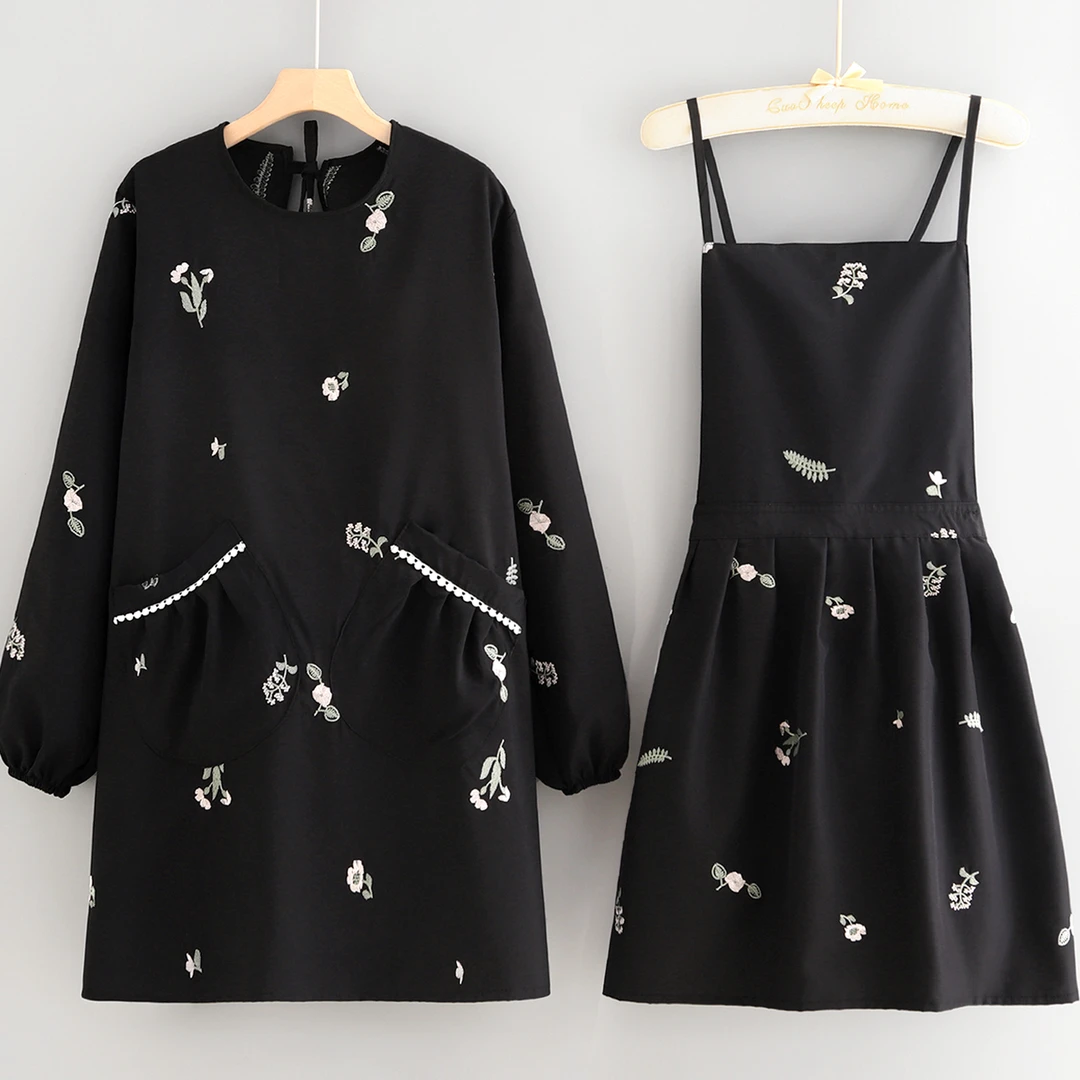 洋气罩衣刺绣公主裙厨房家用围裙女透气围腰烘焙奶茶店长袖工作服