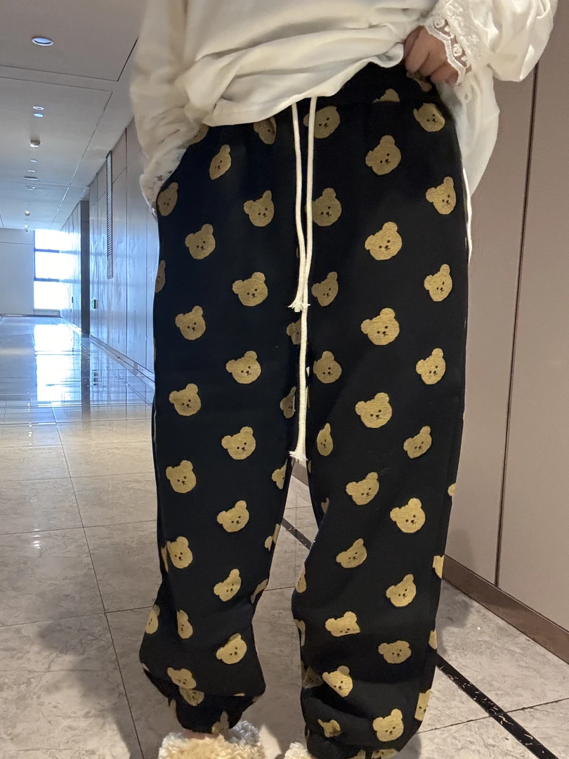韩版卡通加绒小熊卫裤