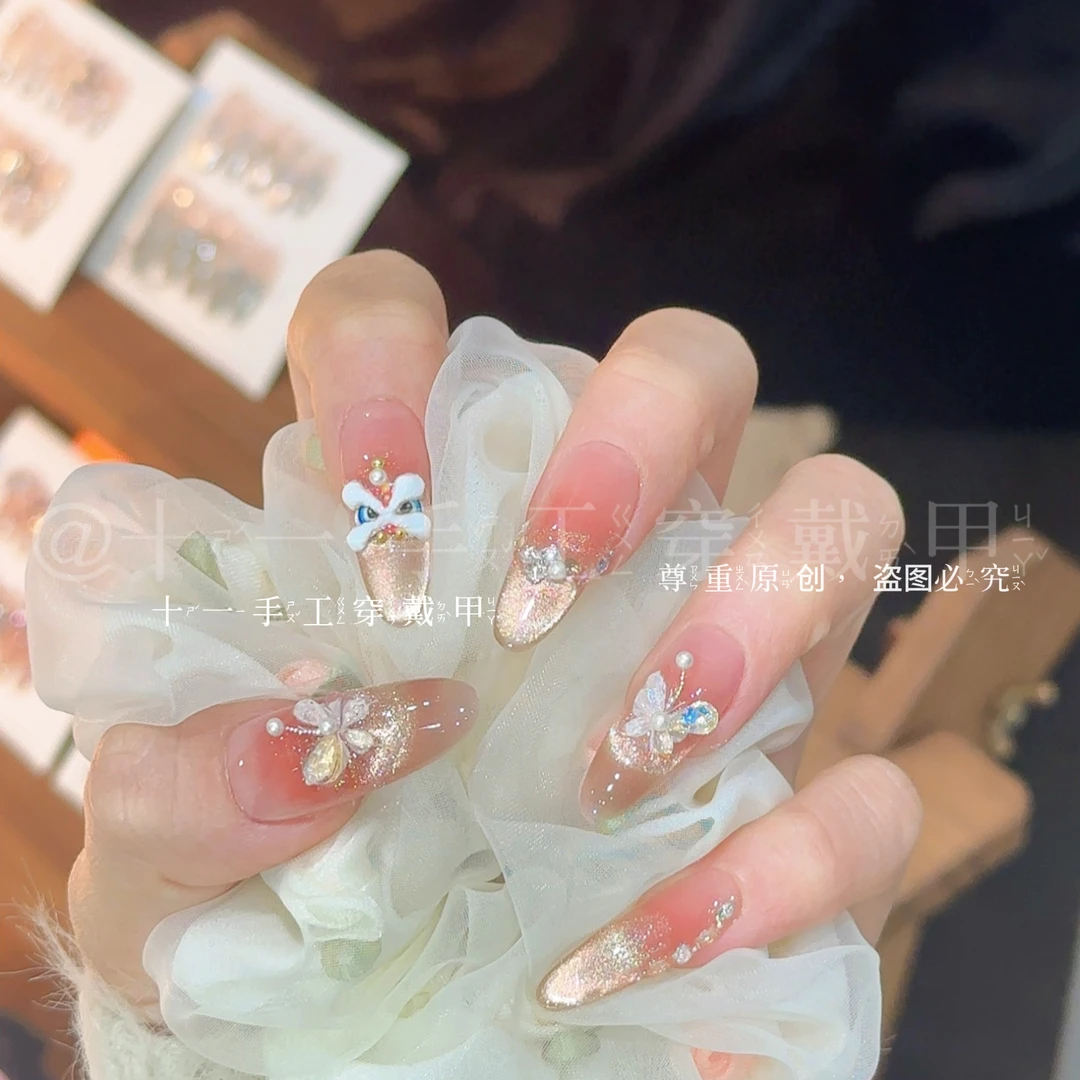 【烫金醒狮】纯手工穿戴甲美甲贴片可拆卸指甲贴片10片装（15）