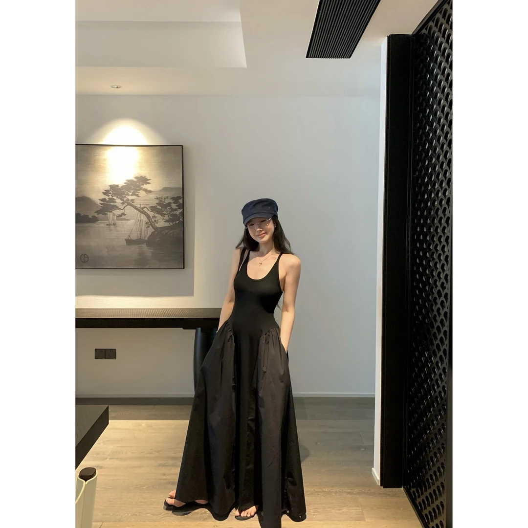 韩系纯欲风气质拼接吊带无袖连衣裙女高级设计感收腰显瘦A字裙子