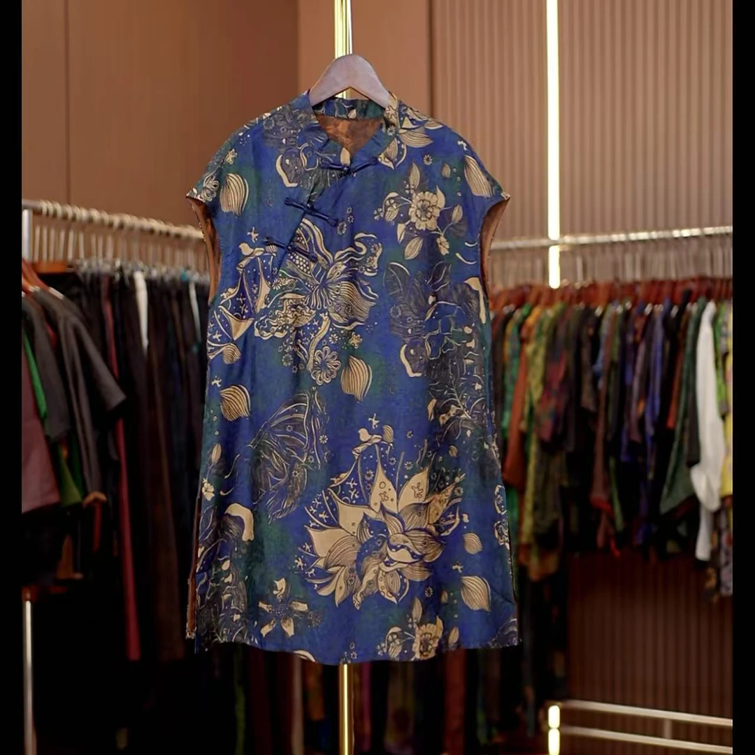 蓝莲-新中式国风蓝色无袖奥黛0320