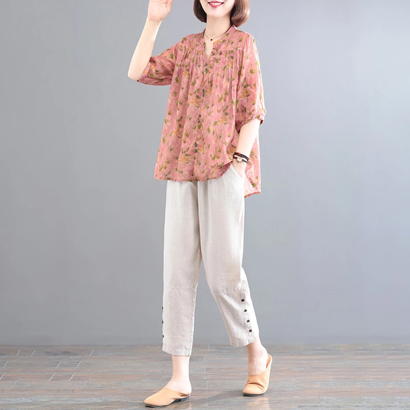 YX#【单/套装】棉麻印花宽松上衣+裤子套装新款时尚两件套DY3255
