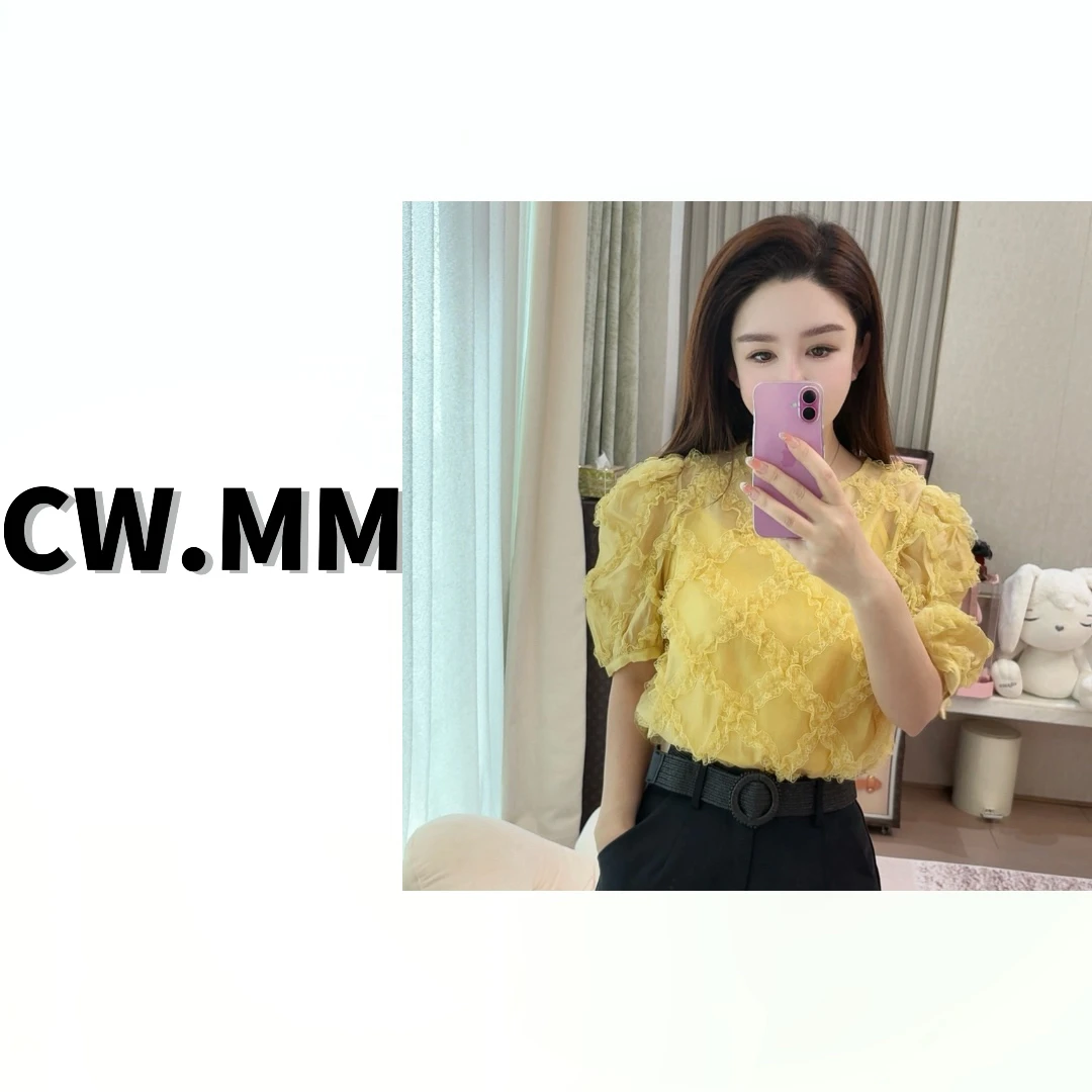 CW.MM 洛梨黄 圆领后拉链重工木耳边格子设计感上衣