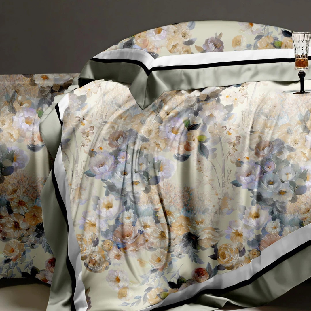 D2665 数码印花四季加厚棉麻三件套 墨初-绿240*250机洗吸汗欧式