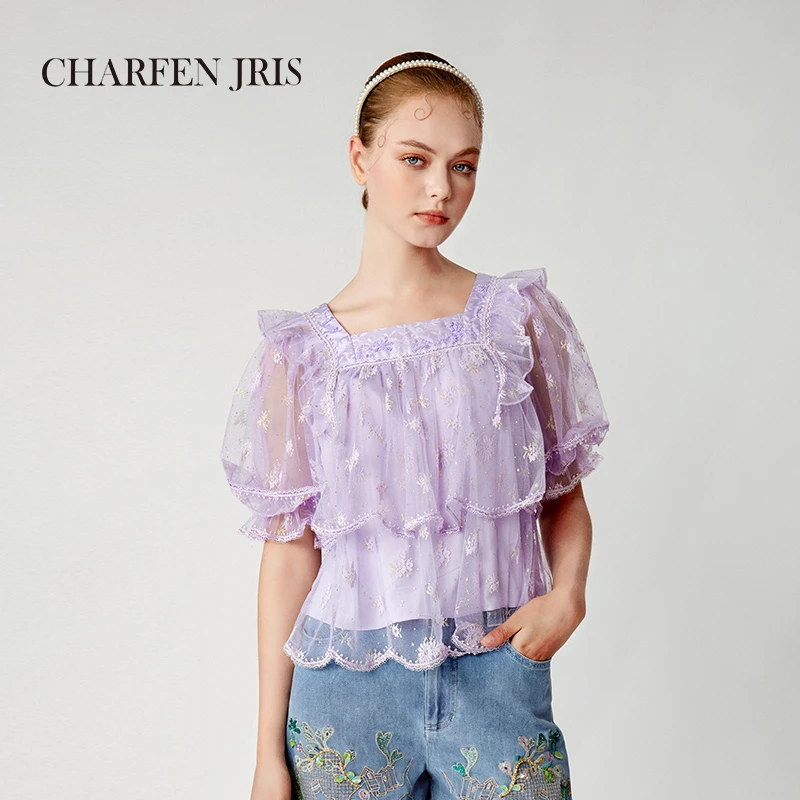 【老板娘夏天】朝峰夏季新款法式蕾丝绣花泡泡袖衬衣FJE2G657-6080T