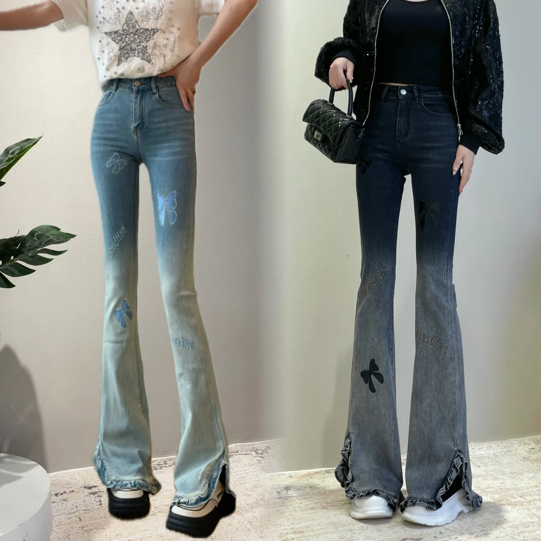 迪否秋季荷叶边微喇裤原创款logo烫钻蝴蝶刺绣渐变牛仔裤子8811