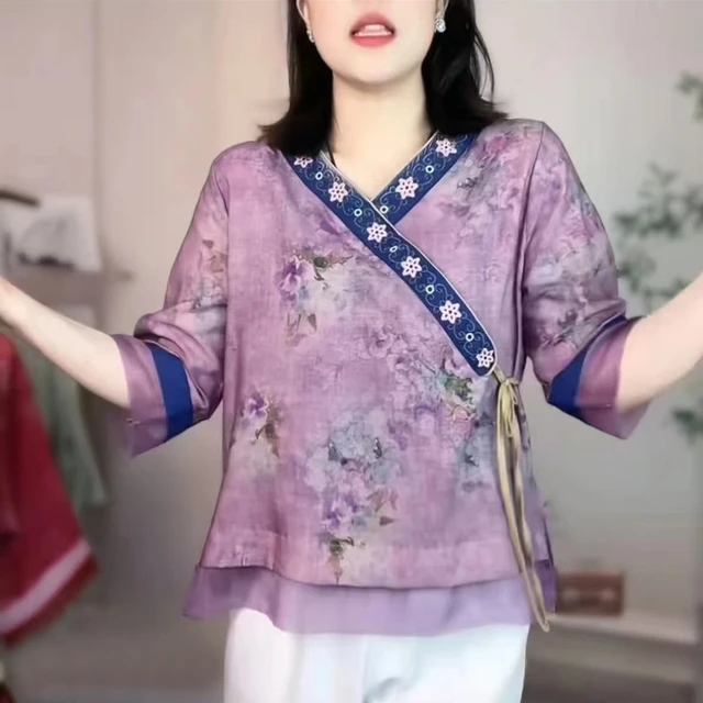 2025春夏新款宽松斜襟中式中袖上衣中老年女装洋气妈妈时尚显年轻