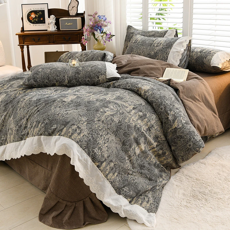 爱哩屋原麻皱皱纱床上四件套复古轻奢高级感被套被罩床单