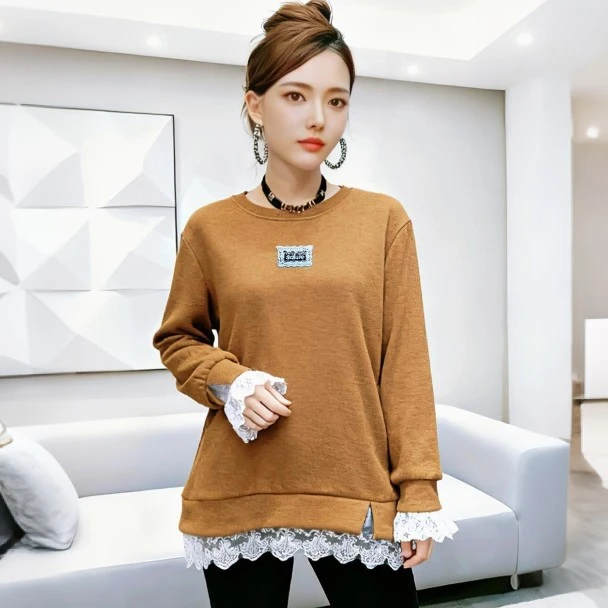 新款假两件拼接蕾丝中长款圆领宽松遮肉百搭T恤