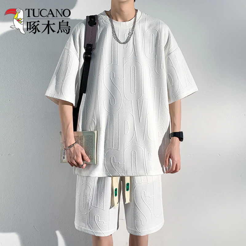 啄木鳥夏季大码套装休闲设计感小众T恤套装男短裤百搭两件套