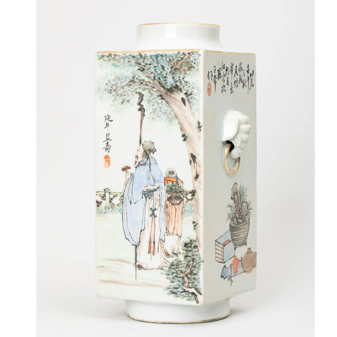 【古董】28、清光绪 浅绛彩博古清供花鸟采菊图象耳衔环琮式瓶