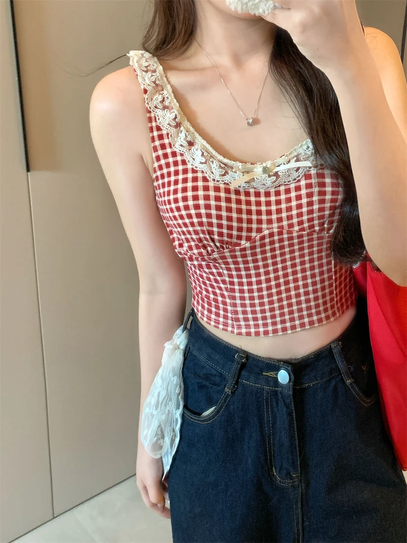甜美红色格子上衣蕾丝蝴蝶结美背多巴胺无袖外穿文胸女潮夏季复古