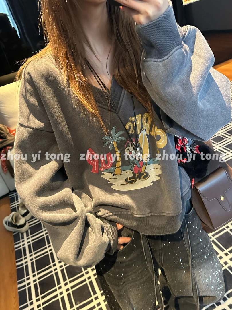 【趣味卫衣】秋冬新款复古趣味印花加绒卫衣女宽松V领上衣ZYT310