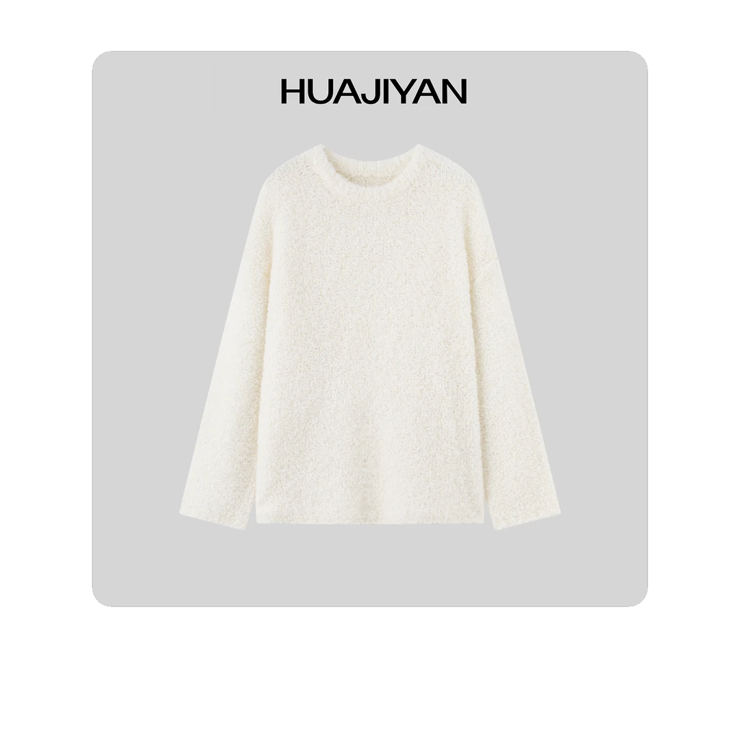华吉言/HUAJIYAN【奶霜】马海毛羊毛混纺立体肌理感圆领毛衫毛衣